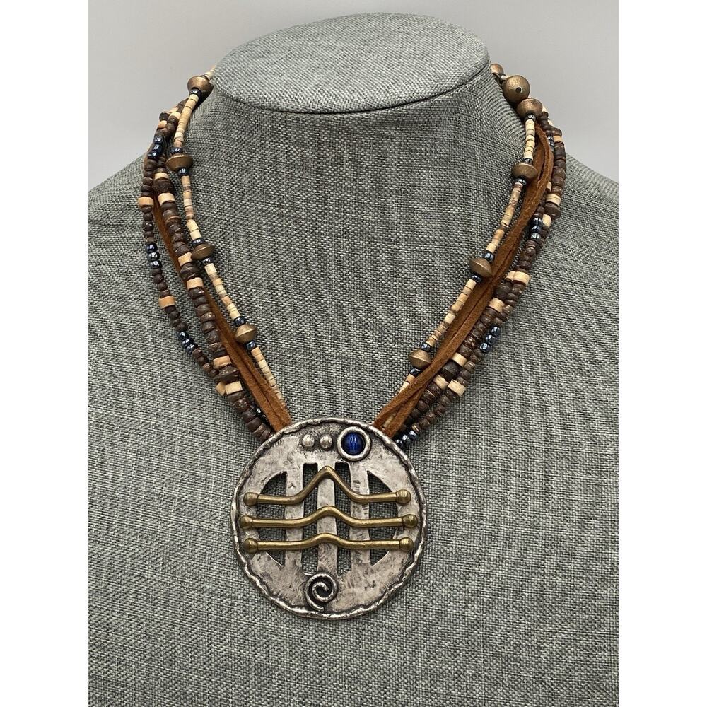 Chico's: Wood & Leather Necklace w/ Abstract Artisan Pendant Boho